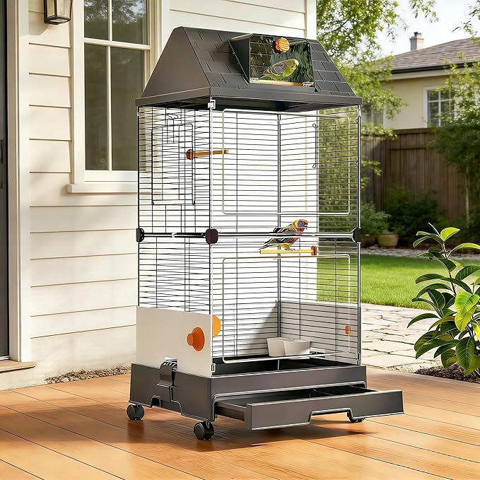 Oneluck Modern Bird Cage with Panoramic View, 18.5"x13.8"x38.5"Bird Aviary for Small to Medium Birds,Easy Clean Tray,for Macaws Parakeet Cockatiel Budgie Canary Finch Quail Lovebird Conure