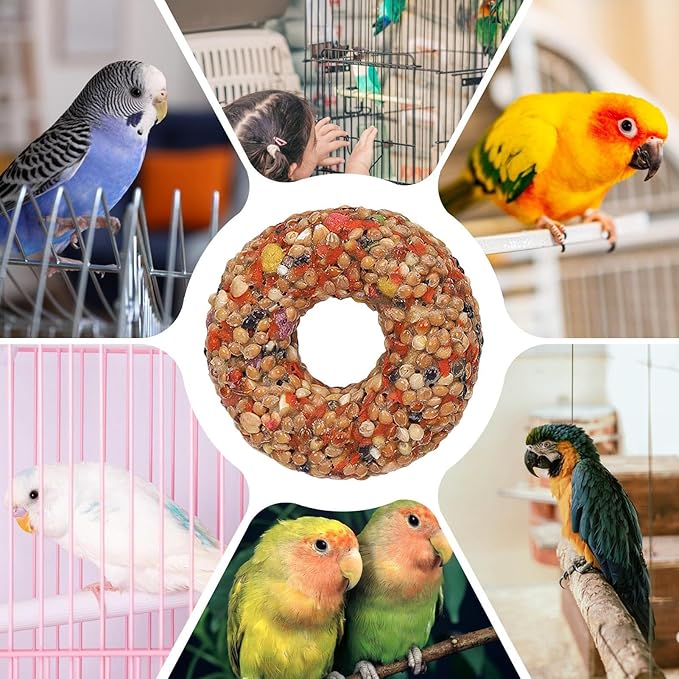 Parakeet Toys - Grain Treats, Donut Shape Teether | Enrichment Activity Training Chewing Snack with Aviary Accessories for Budgies, Cockatiels, Lovebirds and Other Small Birds Healthy Foraging Play