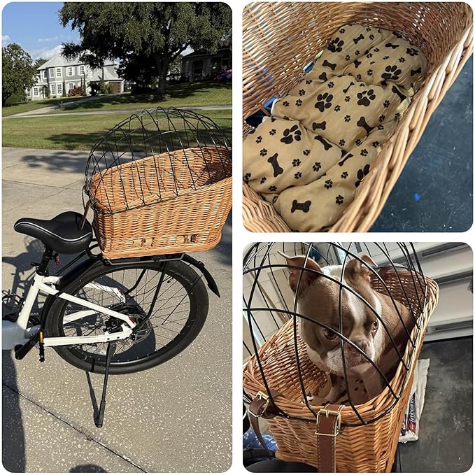 Dog Bike Basket Safe Portable Pet Bicycle Carrier for Small Dog Cat Natural Wicker with Protective Grille Luggage Rack Seat Ice Pad Comfort Cotton Cushion for Daily, Rides, Farmers'Markets Brown