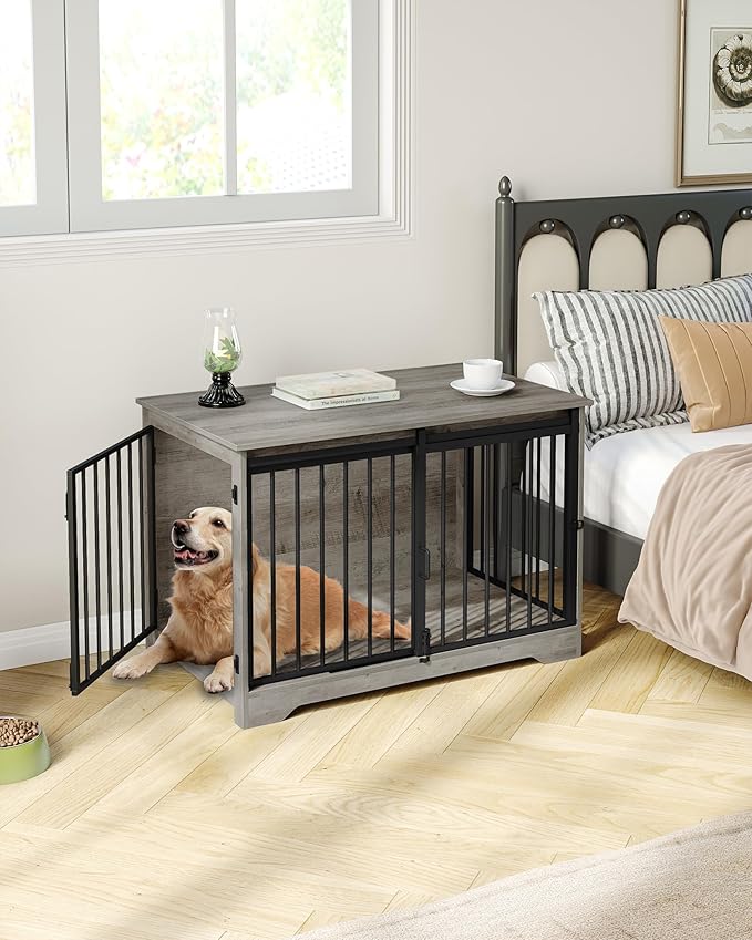 39.4" Heavy Duty Dog Crate Furniture with Barn Door, Wood Indoor Dog Crate Kennel for Small/Medium/Large Dogs, End Side Table, TV Stand, Greige Black DFC02305B