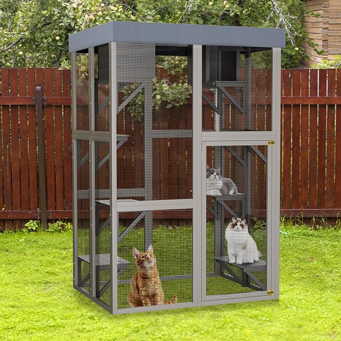 70.5" H Catio Outdoor Cat Enclosure,Cat House with Waterproof Roof and Large Enter Door,Wooden Shelter W/ 6 Jumping Platforms & 2 Napping Houses,Cats Cage for Walk in Kitten Kennel,Gray
