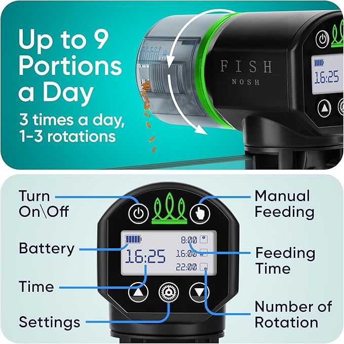 FISHNOSH Automatic Fish Feeder for Aquarium - New Generation 2026, Auto Food Dispenser with Timer for Small Tank, Big Aquariums & Pond (Green)