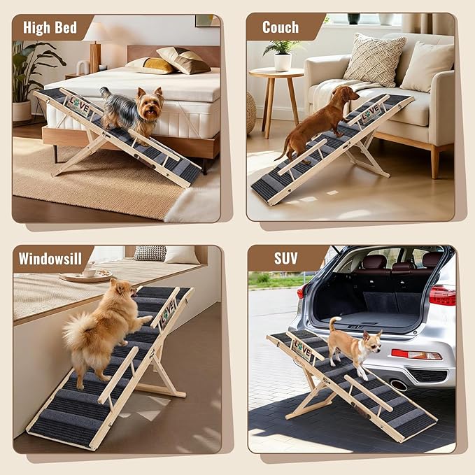 Pawaboo Dog Ramp for Small Dog, 57'' Foldable Dog Ramp for Bed, 5 Adjustable Height from 19.7'' to 30'', Portable Stable Pet Steps with Dogs Tag & Safety Side Rails, Pet Ramps for Bed Couch
