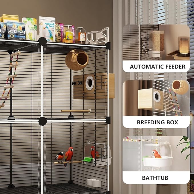 Large Parrot Cage with Acrylic Doors, 4 Casters, Perch & Feeder, Detachable Drawer, Ideal for Cockatiels, Budgies, Conures, Indoor/Outdoor Use – Spacious White Birdcage (White, 72x36x135cm)