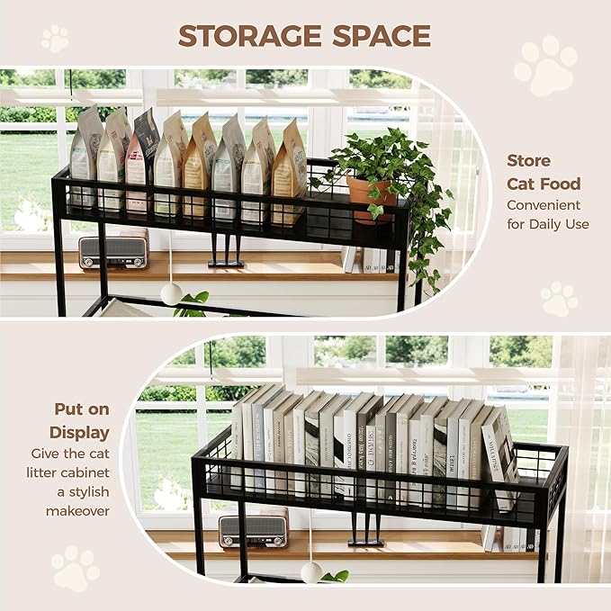 Cat Litter Box Enclosures with Storage Rack, Enclosed Litter Box Furniture, Hammock, Sisal Balls and Cat Scratching Mat