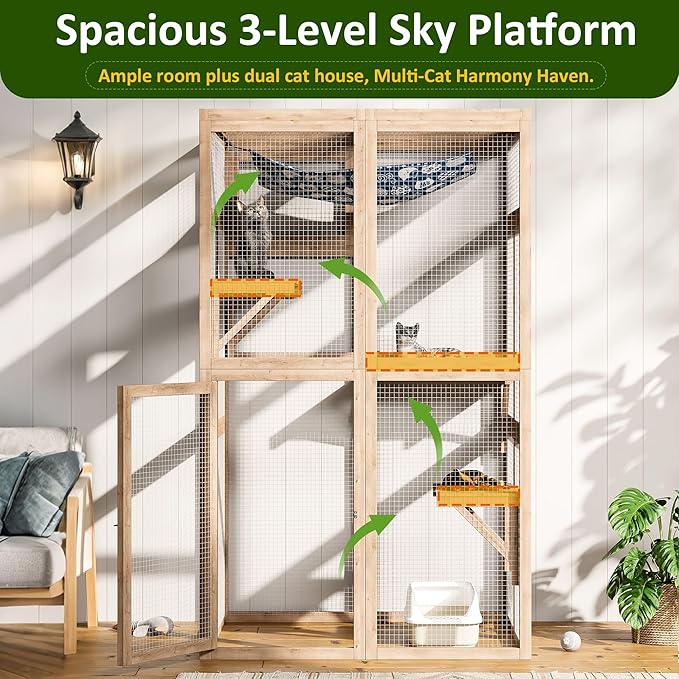 64 Inch Catio Outdoor Cat Enclosure, Large Cat House for Outdoor Cats with Updated Framework Structure, Outside Cat Patio Cattery Weatherproof for Multiple Cats, Natural