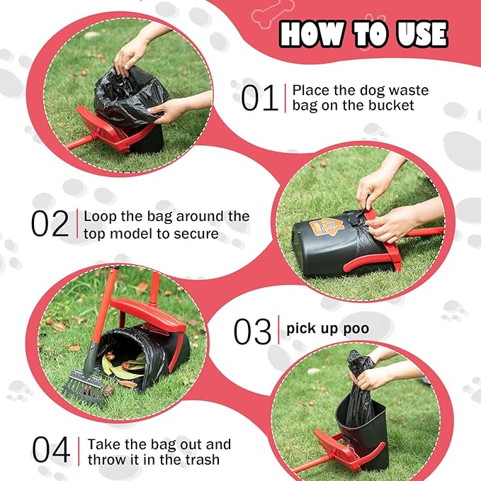 Dog Pooper Scooper With Bag Attachment,Heavy Duty Metal Rake&Spade Swivel Bin,NonBreakable Poop Scoop for Small Large Dogs,Includes 100 Waste Bag Odorless Design Easy to Use on Grass,Dirt,Gravel