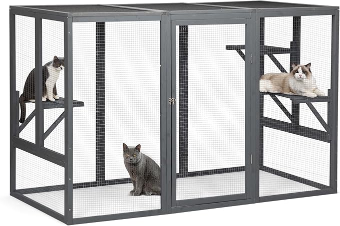 Catio Outdoor Cat Enclosure, Large 71" Catio Window, Heavy Duty Steel Mesh Cat Patio with Lockable Door, Large Catios for Balcony, Grey