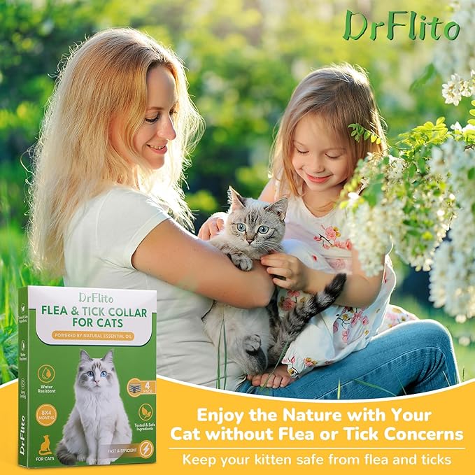 4 Pack Natural Flea Collar for Cats – 8 Months Long-Lasting Protection, Waterproof Cat Flea Collar, Adjustable Cat Flea and Tick for Kittens & Adult Cats