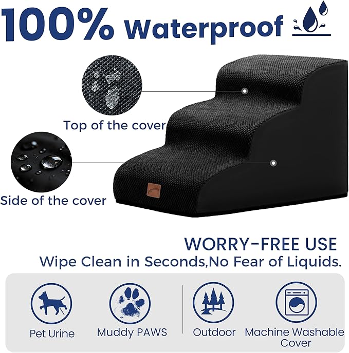 gogobunny Ramp Cat Dog Stairs for Beds, Cat Slope Stairs with Durable Waterproof Fabric Cover, Pet Steps for Old Large Dogs Climbing (Black, 3-Step (22.4" D x 15.7" W x 15.7" H), 3)