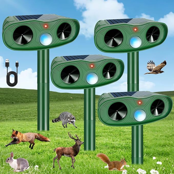 2026 Solar Ultrasonic Animal Repellent Outdoor Deer Repellent Devices, 4Pack Cat Repellent Outdoor with Motion Sensor, Squirrel Repeller to Scare Squirrel Rabbit Deterrent for Yard Farm