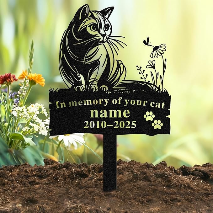 Custom Cat Grave Marker Outdoor, Personalized Metal Cat Memorial Grave Stake with Name and Date, Outdoor Waterrproof Cats Memorial Plaque