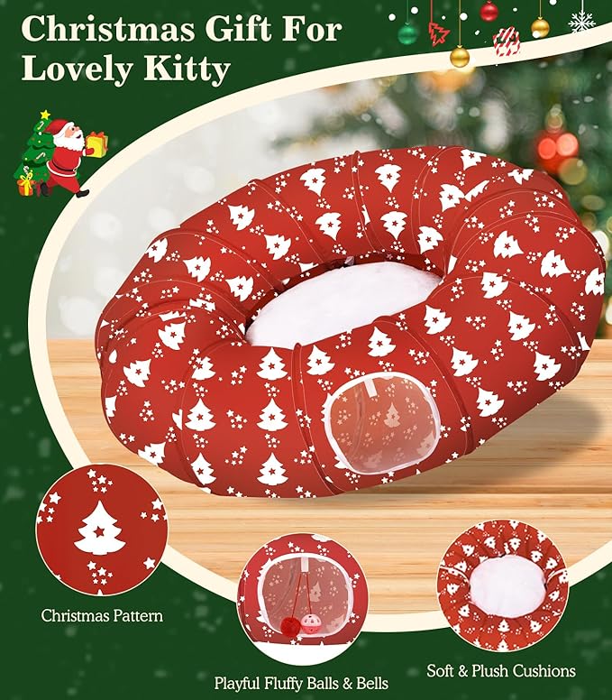 Pawaboo Cat Tunnel Bed Under Christmas Tree, 35.4'' Christmas Cat Toy Circle Tunnel with Ball,Cats Tunnels Christmass Trees Skirt Decorative Festive Foldable Kitty Tube Tunnels for Cats(Red Xmas Tree)