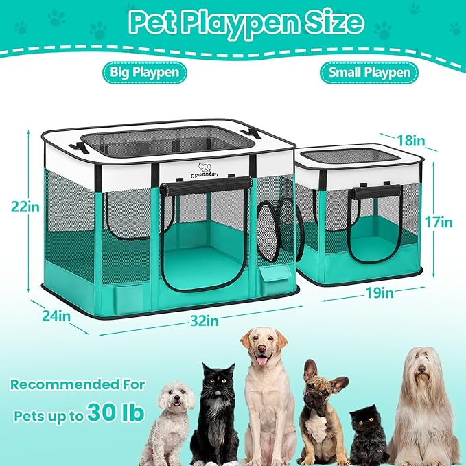 Portable Cat Pet Playpen, Foldable Cat & Small Dog Indoor/Outdoor Tent with Waterproof Base, Lockable Zippers, 600D Oxford 12-Rods 32"x24"x22" for Kitten Puppy