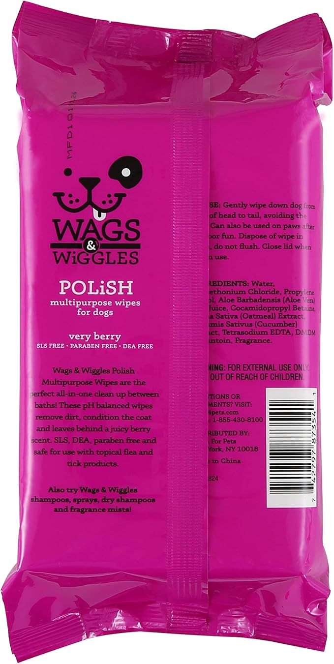 Wags & Wiggles Polish Multipurpose Wipes for Dogs, Very Berry Scent - Scented Dog Wipes Clean & Condition Your Dog's Coat Without A Bath, 100 Count