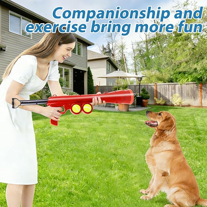 Dog Ball Launcher for Pet, Dog Ball Thrower Launcher with 2 Tennis Balls & Shoulder Strap, 23.4" Long-Range Ball Launcher Toy for All Dog Breeds, Red