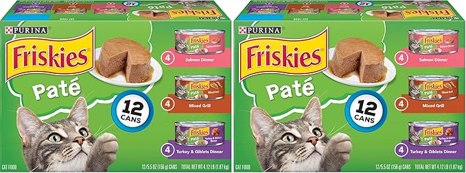Friskies Purina Wet Cat Food Pate Variety Pack Salmon Dinner, Turkey and Giblets Dinner and Mixed Grill - 5.5 oz. Cans (Pack of 48)