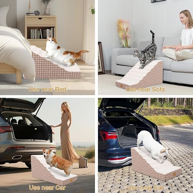 Pets Ramp for High Beds, Small Dogs & Senior Cats - Non-Slip Texture & Machine Washable Cover - Supportive Foam for Joint Comfort, Easy Climb for Couch, Sofa, Furniture (Tan)