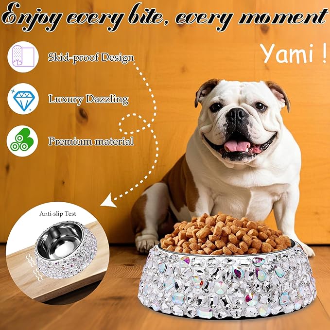 SlowVibes Bling Stainless Steel Dog Bowls,12oz Detachable Big Diamond Metal Food Water Bowl for Feeding Dogs Cats,Rust Resistant Non-Slip Puppy Dish,Sparkle Essentials for Small Medium Large Girl Pets
