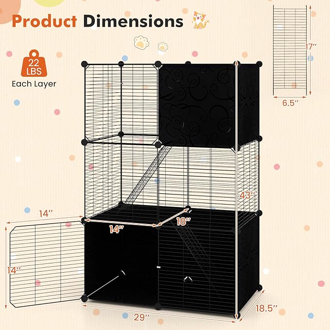 PETSITE Cat Cages Indoor, 3-Tier DIY Cat Enclosure with 2 Ladders, Detachable Metal Wire Kennel Catio with 3 Lockable Doors, Ideal for 1-3 Cats or Other Small Animals, 29 x 18.5 x 43 in