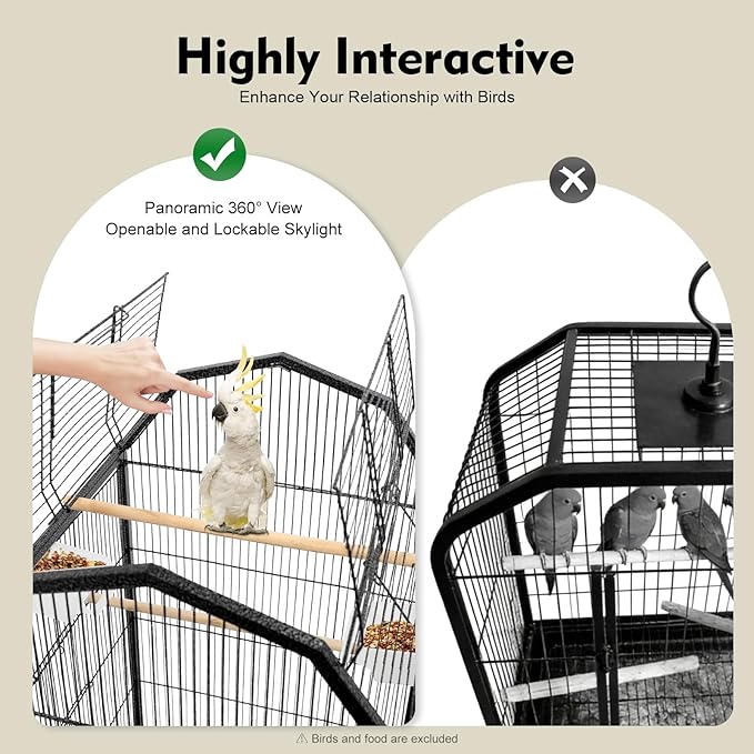 Large Bird Cage, Movable Pet Bird Flight Cages with 5 Doors Wheels, Panorama Bird Aviary Indoor with Stand 17.9x17.9x39.9in, Fit for a Canary, Finch, Cockatiels, Conures, Parrot, Lovebirds