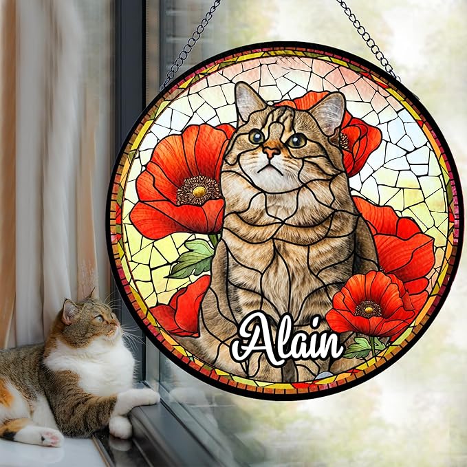 Lovely POD Personalized Cat Memorial Suncatcher Ornament, Suncatcher Stained Glass Windows for Pet, Sympathy Ornament Window Hanging Gift for Loss of Cat, Thoughtful Sympathy Gifts for Pet Day