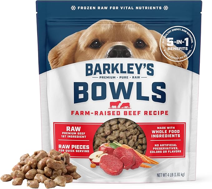 Barkley’s Bowls, Frozen Raw Beef Dog Food, Fresh Whole Food Ingredients with Farm-Raised Beef, Grain Free, High Protein for Balanced Nutrition, Frozen Meals, Human Grade Ingredients, 4 lb (3 Pack)