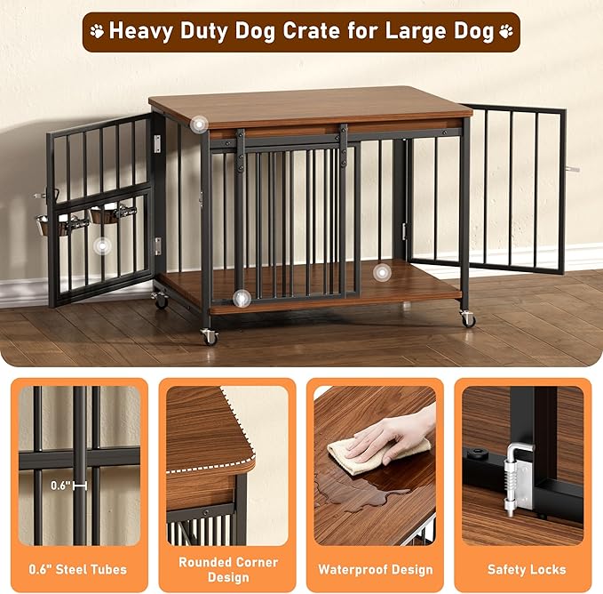 Dog Crate Furniture, 32’’ Wooden Dog Kennel Indoor with Sliding Front Door, Multi-Side Openings & Feeding Window Pet Cage House as TV Stand, End Table for Medium Dogs