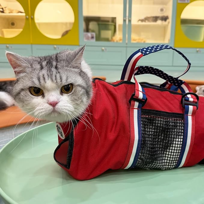 Cinf Cat Nail Clipping Cleaning Grooming Restraint Bag （Free Muzzle） No Scratching Biting for Bathing Nail Trimming Injecting Examining((Red USA Flag,M)