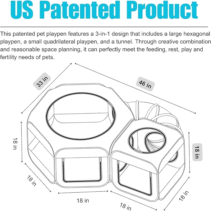Portable Cat Playpen 2-Room with Tunnel, 3-in-1 Pop-up Cat Dog Crate Play Enclosure with Separate Areas, Foldable Pet Playpen for Puppy Kitten and Small Animals Indoor Outdoor
