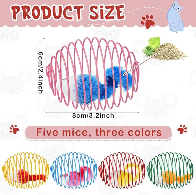 Jecery 5 Pcs Cat Spring Balls Toys Stretchable Rolling Balls Colorful Playful Coils Interactive Action Toy Caged Rats for Kitten Pet Supplies (Catnip Rats,Bright Color)
