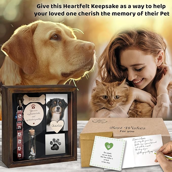 8.6'' Pet Memorial Shadow Box, Rustic Collar Holder Picture Frame, Paw Print Kit, Dog Wooden Sculpture, Pet Hair Fur Jar, Cat Memorial Keychain, Dogs Sympathy Card, Gift for Pet Lovers PSD-4R