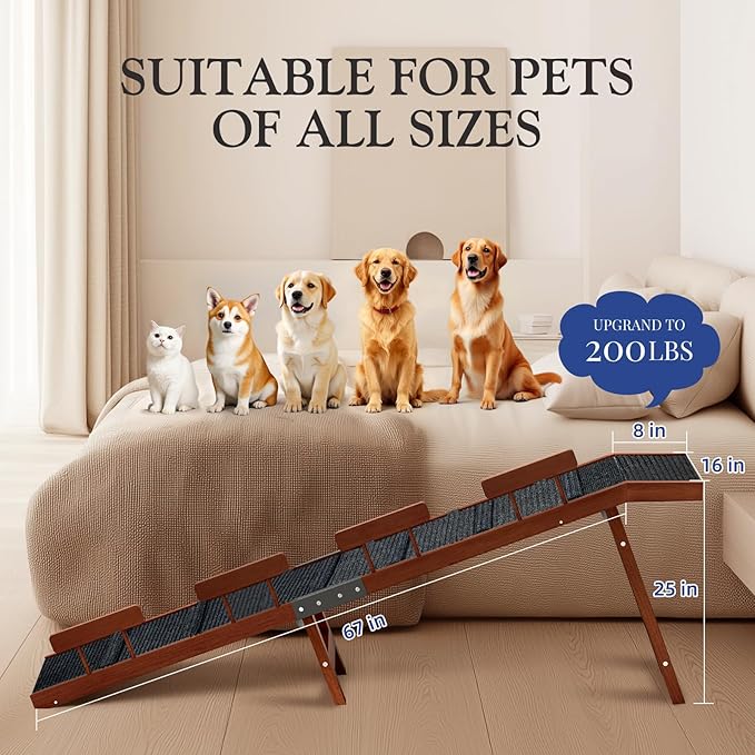 Easyego Foldable Dog Ramp for Bed, 74" Wood Pet Ramp with Side Rails and High Traction Carpet, 22° Gentle Long Slope, Top Landing Platform, Supports up to 200 LBS for Senior Dogs - Vintage Walnut