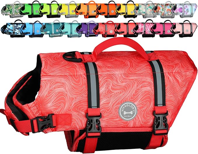 VIVAGLORY Rip Stop Dog Life Vest, Swimming Vest with Handle, Buoyancy for Doggy Puppy, Dog Life Jacket for Swimming & Boating, XXS, Red