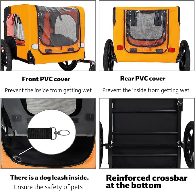 Collapsible Pet Bike Trailer, Portable Dog Bicycle Trailer with Enhanced Safety Design, Weatherproof & Ventilated Pet Carrier for Small to Medium Pets Up to 66 lbs (Orange)