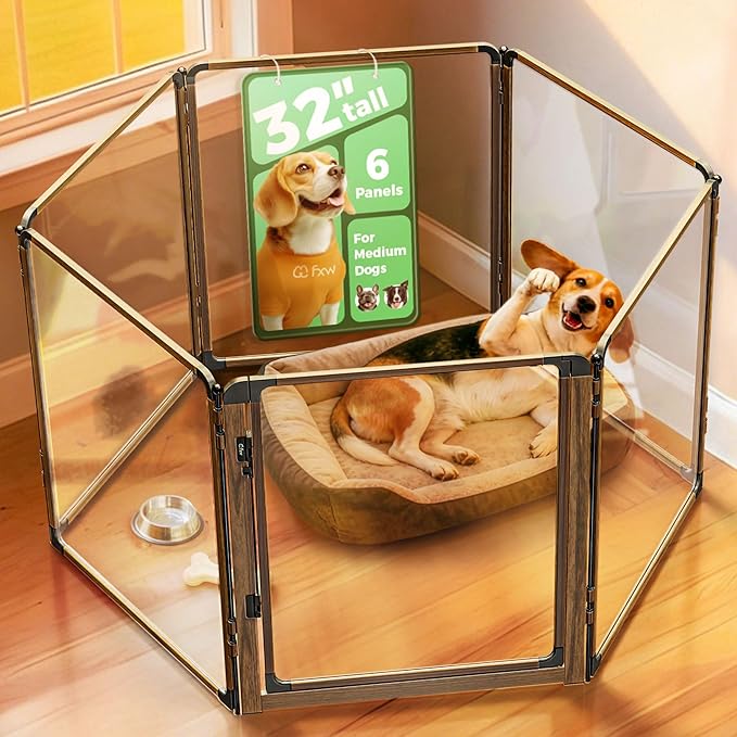 FXW AuraSpace Pro Metal & Acrylic Indoor Dog Playpen, All-Acrylic Clear Heavy-Duty Design, 32" Height 6 Panels for Small and Medium Dogs, Walnut│Patented
