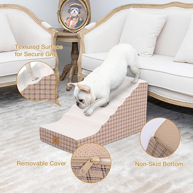 Pets Ramp for High Beds, Small Dogs & Senior Cats - Non-Slip Texture & Machine Washable Cover - Supportive Foam for Joint Comfort, Easy Climb for Couch, Sofa, Furniture (Tan)