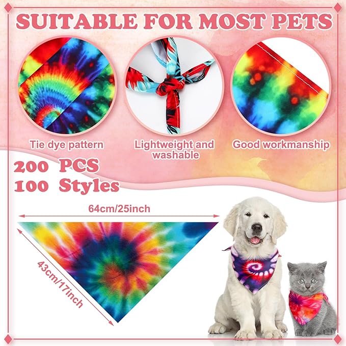 200 Pcs Tie Dye Dog Bandanas Bulk Pet Bibs Colorful Triangle Scarf Tie Dye Pet Bandanas for Medium Large Dogs Spring Summer Birthday Costume Decoration