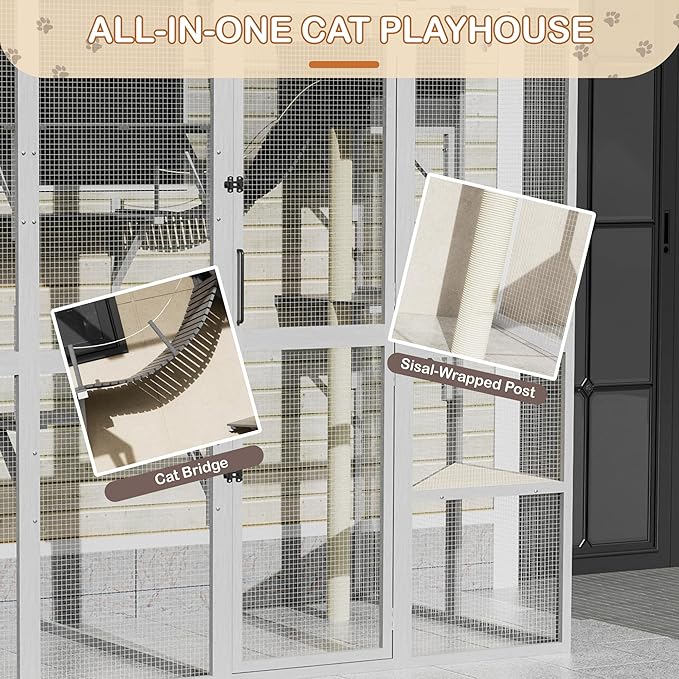 Large Walk-in Catio Wooden cat Houses for Multiple Outdoor Cats, Outdoor cat Enclosure with 4 Bridges & Transparent PVC Roof & sisal Scratcher, Kitty cat Condo Shelters (White)