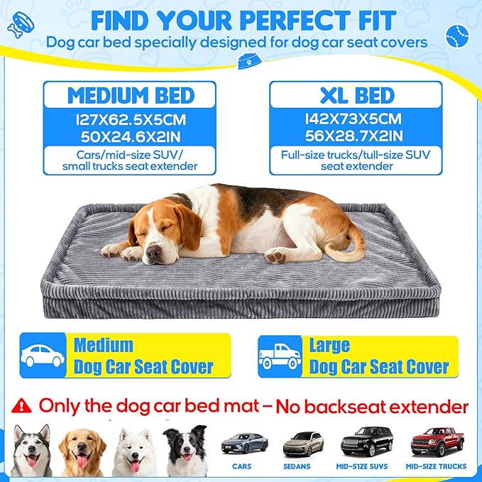 Dog Car Bed, Non-Slip Backseat Extender Pet Mat, Removable Washable Dog Bed for SUVs, Sedans & Trucks, Anti-Slip Travel Bed for Dogs, Easy Clean & Scratch-Proof & Comfort (Dark Gray, 50"L×24.6"W×2"H)