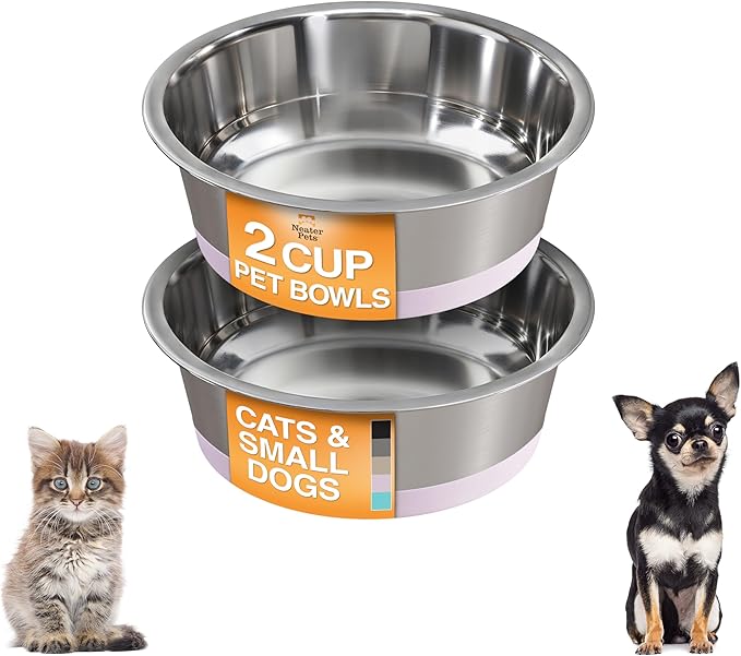 Neater Pet Brands Stainless Steel Dog Bowls with Non-Slip Rubber Bottom – 2 Cup (16 oz), Pink - Set of 2 Heavy Duty Metal Dog Bowls, Dishwasher Safe, Food or Water Bowl, Ideal for Small Dogs & Cats