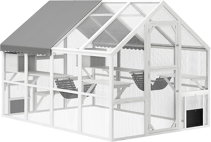 PawHut 110" L Large Catio Outdoor Cat Enclosure for Multiple Kittens, 56 sq.ft Wooden Cat House with Waterproof Cover, Walk in Kitty Cage Kennel with 2 Condos, 6 Platforms, Bridge, Doors, White