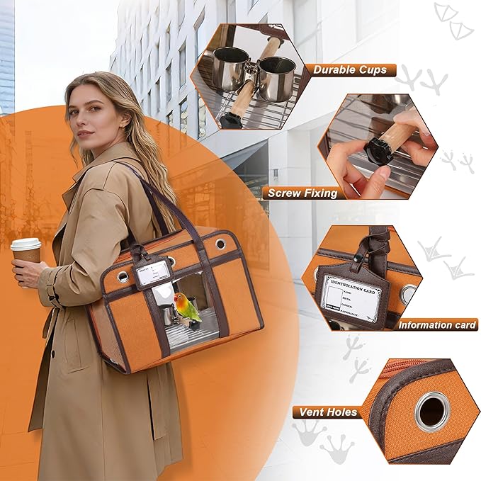 Sanmoncare Stylish Bird Carrier with PU Leather Handle, Portable Parrot Travel Bag for Cockatiels & Conures, Lightweight Bird Cage with Stainless Steel Tray & Side Door for Easy Cleaning, Brown