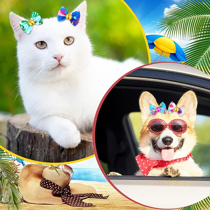 Sadnyy 240 Pcs Summer Spring Dog Hair Bows with Rubber Bands Rhinestone Grooming Dog Puppy Bows for Girls Boys Dogs Cute Ear Bows Dog Hair Accessories for Summer Holiday Pets Cats Dogs