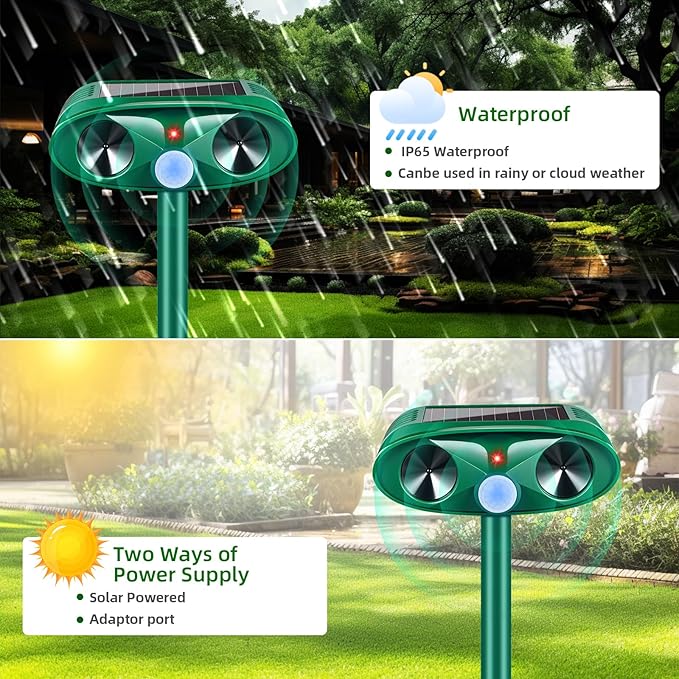 2026 Upgraded Solar Ultrasonic Animal Repellent Outdoor Deer Repellent Devices IP65 Waterproof Repeller with Motion Detection Coyote Light for Cat Rabbit Racoon Squirrel Dog Skunk Rodent,4 Pack