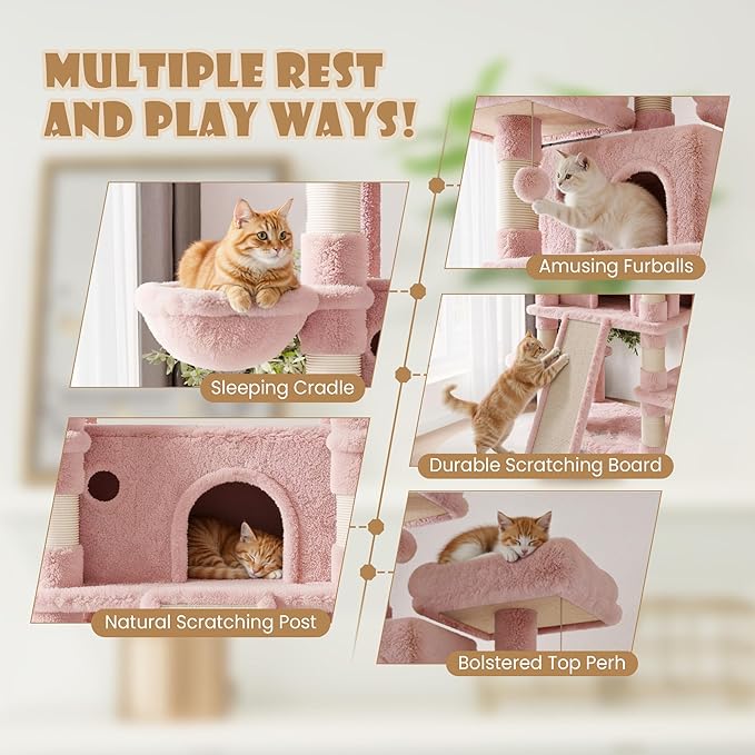 SHA CERLIN 81 Inches Extra Large Cat Tree for Indoor Adult Cats/XXL Big Cat Tower with Condo/Cozy Perches/Sisal Scratching Posts and Hammocks/Activity Center/F80/Heavy Duty/Pink