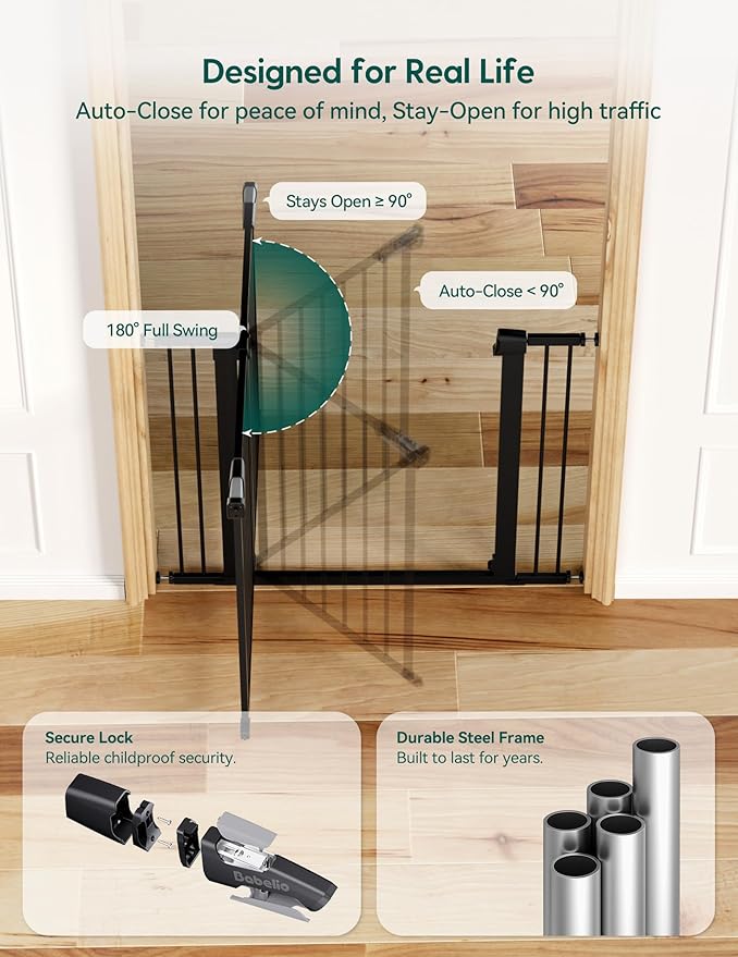 Babelio 36" Tall Baby Gate, PressGuard P7, 29-55" Auto Close Pressure Mounted Dog Gate for Doorways & Hallway, Basics Easy Walk Thru Pet Gate, Extra Wide Metal Child Gate, Black