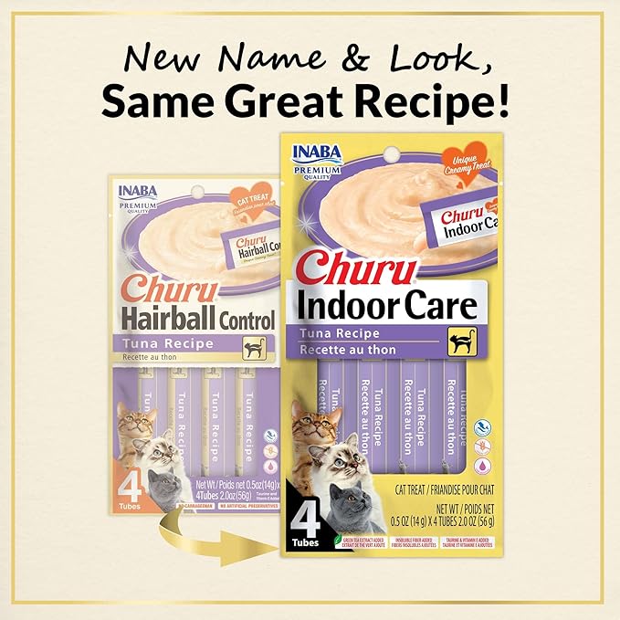 INABA Churu Hairball Control, Functional, Creamy Lickable Purée Cat Treat with Taurine & Vitamin E, 0.5 Ounces Each, 24 Tubes (4 per Pack), Tuna Recipe - Packaging May Vary*