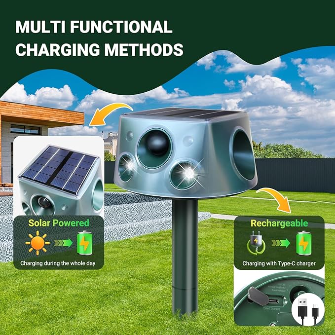 Upgraded 360° Solar Animal Repellent: Cat Repellent Outdoor | Ultrasonic Pest Repeller with Motion Detection & PIR Sensors | Squirrel Repellent for Sankes, Raccoons, Dogs, Skunk, Rabbit, Rodent IP66