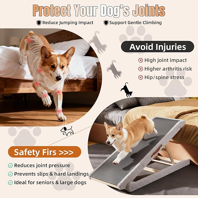 Dog Ramp for Bed – Foldable Wooden Pet Ramp with Soft Plush Fabric Cover 14"–20" Adjustable Height, Non-Slip Surface & Wide 17.7" Platform–Supports Small to Large Dogs up to 200 lbs